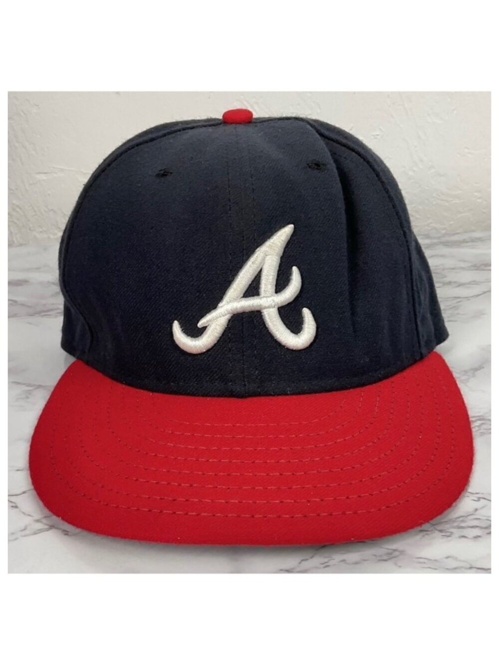 New Era 59Fifty Atlanta Braves Dark Blue Red Fitted Hat Cap 7 3/8